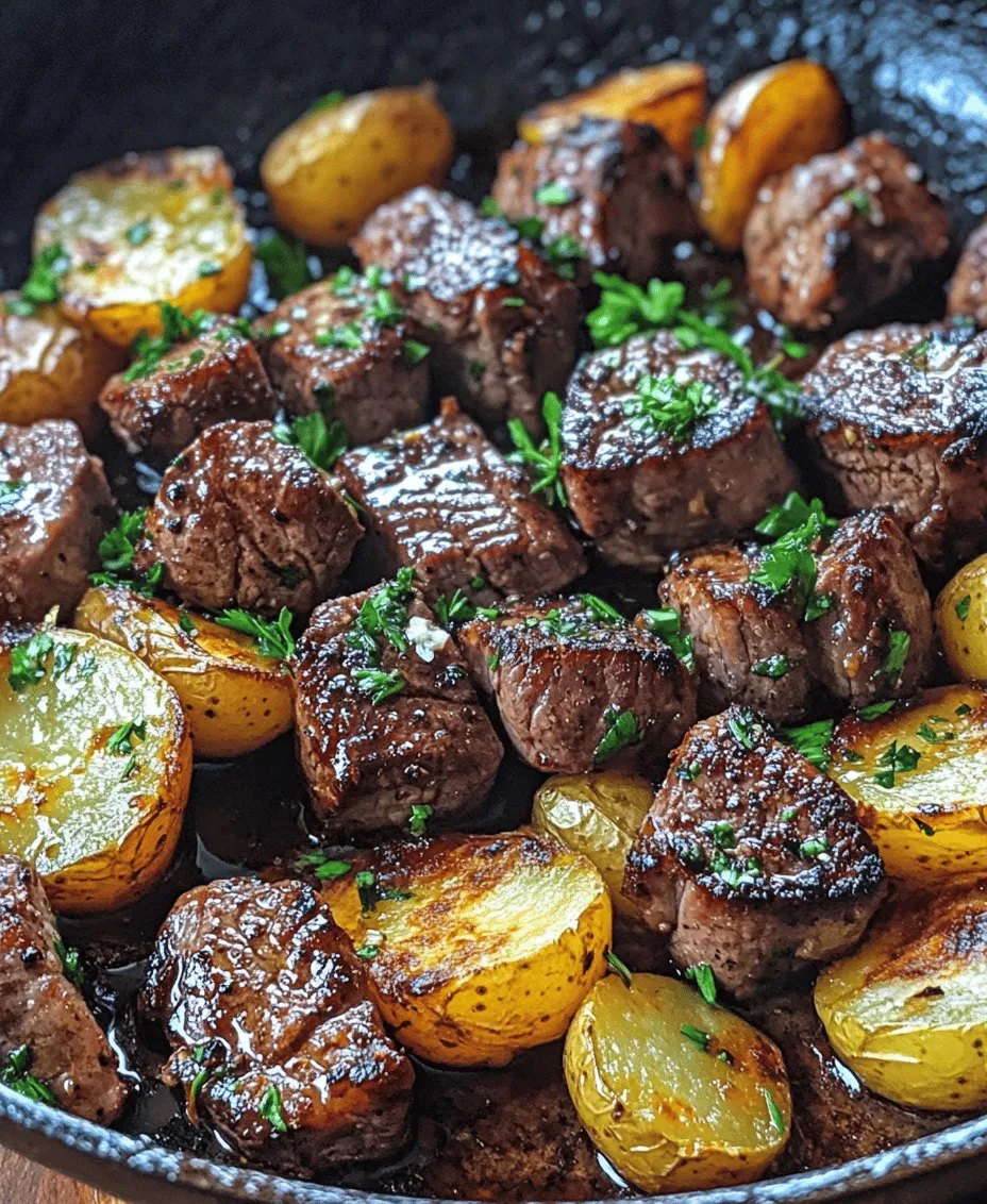 Are you looking for a quick yet satisfying meal that will impress your family and friends? Look no further than <strong>Sizzling Garlic Butter Steak Bites & Potatoes</strong>. This delightful dish combines tender, juicy steak bites with crispy, golden potatoes, all enveloped in a rich and aromatic garlic butter sauce. It’s the kind of meal that brings comfort and warmth, making it perfect for family dinners or casual gatherings.” /></p>
</p>
<h3>Heat Levels and Cooking Times</h3>
</p>
<p>When preparing Sizzling Garlic Butter Steak Bites and Potatoes, understanding the right heat levels and cooking times is crucial for achieving that perfect sear on the steak while ensuring the potatoes are tender and flavorful. For best results, it’s recommended to use medium-high heat for cooking the steak bites. This heat level allows for a quick sear, which locks in the juices and creates a delightful crust on the meat.</p>
</p>
<p>Cooking times will vary based on the size of your steak bites and the desired level of doneness. Typically, steak bites should be cooked for about 2-3 minutes per side for medium-rare, totaling around 4-6 minutes. For well-done steak, increase the cooking time slightly, but be cautious not to overcook, as this can lead to a tough texture. The potatoes, on the other hand, take a bit longer; they generally require around 15-20 minutes in the oven to achieve that crispy exterior and fluffy interior.</p>
</p>
<h3>Cooking Steak Bites</h3>
</p>
<p>Cooking steak bites properly is paramount to the success of this dish. One of the most important tips is to cook in batches. Overcrowding the pan can lower the temperature, resulting in steamed rather than seared meat. Ideally, cook the steak bites in 2-3 batches, allowing ample space in the pan for each piece to develop a rich, brown crust.</p>
</p>
<p>To check for doneness, the most reliable method is using a meat thermometer. For medium-rare, aim for an internal temperature of 130-135°F (54-57°C); for medium, aim for 140-145°F (60-63°C); and for well-done, target 160°F (71°C) or higher. If you prefer a more traditional approach, the finger test can also be helpful: pressing the center of the steak bite will give you a sense of its firmness—softer for rare, slightly firmer for medium, and very firm for well done.</p>
</p>
<p>Seasoning is another critical aspect of cooking steak bites. A simple seasoning of salt and pepper can allow the natural flavors of the meat to shine, but feel free to get creative. Marinades or dry rubs can enhance the flavor profile; just ensure they complement the garlic butter sauce that will later tie the dish together.</p>
</p>
<h3>Crafting the Garlic Butter Sauce</h3>
</p>
<p>Now, let’s focus on the garlic butter sauce, which is the pièce de résistance of this recipe. Timing is key when crafting this sauce to ensure maximum flavor without burning the garlic. Start by melting the butter in the same skillet used for the steak bites. This not only saves on cleanup but also allows the flavors of the meat to infuse into the sauce.</p>
</p>
<p>Once the butter is melted, add minced garlic to the pan. It’s crucial to keep an eye on the garlic, as it can burn quickly, leading to a bitter taste. To prevent this, stir continuously and cook the garlic over medium heat for about 30 seconds to a minute. You want it to turn golden and fragrant but not dark brown. After this initial cooking, you can add a splash of chicken broth or white wine to deglaze the pan, which will lift any flavorful bits stuck to the bottom.</p>
</p>
<p>Additionally, incorporating fresh herbs like parsley or thyme at this stage can elevate the sauce, adding freshness and complexity. Allow the sauce to simmer for a minute or two, letting the flavors meld beautifully before drizzling it over the cooked steak bites.</p>
</p>
<h3>Combining Flavors for the Perfect Dish</h3>
</p>
<p>The final steps of mixing the steak bites and potatoes are where the magic happens. Once all components are cooked, carefully combine them in a large mixing bowl. The goal here is to ensure that the steak bites and potatoes are coated with the garlic butter sauce without overcooking the steak.</p>
</p>
<p>To do this effectively, add the steak bites to the bowl first, followed by the crispy potatoes. Gently toss them together, using a spatula or tongs to avoid breaking up the steak. The key is to coat everything evenly with the sauce, which will enhance the flavors and create a harmonious dish.</p>
</p>
<p>Presentation plays a vital role in the overall dining experience, so don’t forget about garnishing! Freshly chopped parsley or chives can add a pop of color and a hint of freshness to your dish. A sprinkle of freshly cracked black pepper or a dash of red pepper flakes can also elevate the visual and flavor profile further.</p>
</p>
<h3>Serving Suggestions</h3>
</p>
<p>When it comes to serving Sizzling Garlic Butter Steak Bites and Potatoes, there are plenty of creative options to enhance your dining experience. Consider plating the dish alongside a fresh salad—something with mixed greens, cherry tomatoes, and a light vinaigrette can provide a refreshing contrast to the richness of the steak and potatoes.</p>
</p>
<p>Another excellent pairing is a side of steamed vegetables such as asparagus, broccoli, or green beans. These not only add color to your plate but also bring a nutritious element to the meal.</p>
</p>
<p>For beverage pairings, a glass of robust red wine, such as a Cabernet Sauvignon or a Malbec, complements the savory flavors of the steak beautifully. If you prefer a non-alcoholic option, a sparkling water with a slice of lemon can provide a refreshing balance to the richness of the dish.</p>
</p>
<h3>Nutritional Information</h3>
</p>
<p>Understanding the nutritional content of Sizzling Garlic Butter Steak Bites and Potatoes allows you to enjoy this dish within the context of a balanced diet. Each serving of this flavorful dish provides a significant amount of protein from the steak, making it a great option for muscle repair and growth. A typical serving contains around 30-35 grams of protein, depending on the cut of steak used.</p>
</p>
<p>The potatoes contribute carbohydrates, which provide energy for your body. They are also a source of essential vitamins and minerals, particularly when you leave the skins on. A serving typically contains about 30-40 grams of carbohydrates.</p>
</p>
<p>Don’t forget the fats from the butter and olive oil; while these add richness and flavor, they should be consumed in moderation. A serving may contain around 15 grams of fat, largely from healthy sources (especially if you use olive oil).</p>
</p>
<p>While this dish is indulgent, it can still fit into a healthy diet. Pairing it with plenty of vegetables and a light salad can help balance the meal, making it satisfying without overloading on calories.</p>
</p>
<h3>Conclusion</h3>
</p>
<p>Sizzling Garlic Butter Steak Bites and Potatoes is a delightful meal that perfectly balances taste, texture, and ease of preparation. The juicy steak bites, crispy potatoes, and aromatic garlic butter sauce create an irresistible combination that is sure to satisfy even the most discerning palates.</p>
</p>
<p>This recipe is not just about the flavors; it’s also a reminder of how fresh ingredients can elevate a dish. The quality of your steak, the freshness of the garlic and herbs, and the care you take in preparation will significantly impact your final outcome.</p>
</p>
<p>Try this recipe for a comforting dinner that brings joy and satisfaction to the table. With its simple yet delicious components, it’s a dish that is sure to become a favorite in your home. Enjoy the process and the delightful results of your culinary efforts!</p>
<div id=