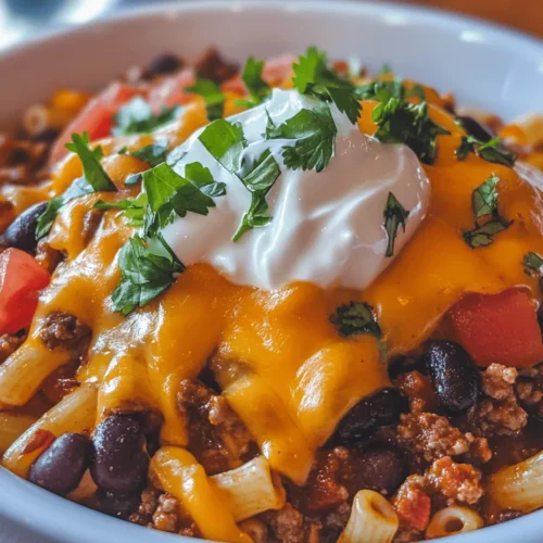 Spicy Chili Mac Delight is a dish that perfectly embodies the essence of comfort food, combining the heartiness of macaroni and cheese with the robust flavors of chili. It’s a dish that not only satisfies hunger but also warms the soul, making it a go-to meal for busy weeknights or casual gatherings with family and friends. The blend of pasta, meat, beans, and spices creates a delightful medley that is both filling and delicious, making it a staple in many households.