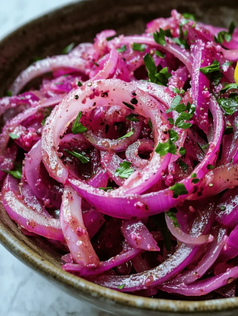 Zesty Sumac Onions are a vibrant and tangy side dish that can elevate any meal with their bold flavors and refreshing crunch. This dish showcases the unique taste of sumac, a spice that adds a citrusy zing to the sweet and sharp notes of red onions. With its bright colors and zesty profile, Zesty Sumac Onions are not just a feast for the palate but also for the eyes. Whether served on a Mediterranean platter, as a topping for grilled meats, or as a garnish for salads, this simple yet delicious dish brings an exciting flavor dimension to a variety of cuisines.