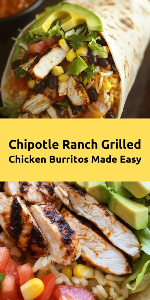 Discover the ultimate Easy Chipotle Ranch Grilled Chicken Burrito! This flavorful recipe features marinated grilled chicken, delicious fillings like black beans, corn, and avocado, all wrapped in a warm flour tortilla. Perfect for a quick dinner, these burritos are packed with taste and can be customized to your liking. Drizzle with extra chipotle ranch dressing for an extra kick! Enjoy this simple, satisfying meal that serves 4 in just under an hour.