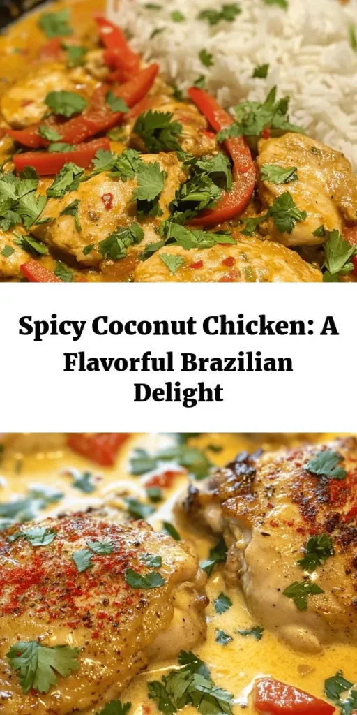 Experience the vibrant flavors of Brazil with this Spicy Brazilian Coconut Chicken recipe! Tender chicken thighs marinated in zesty lime and spices are simmered in creamy coconut milk, creating a deliciously rich dish. Packed with savory onions, garlic, and a kick from fresh chili, this meal is a delightful treat. Perfect for serving over rice or quinoa, it's sure to impress at your next dinner. Try it for a taste of the tropics!