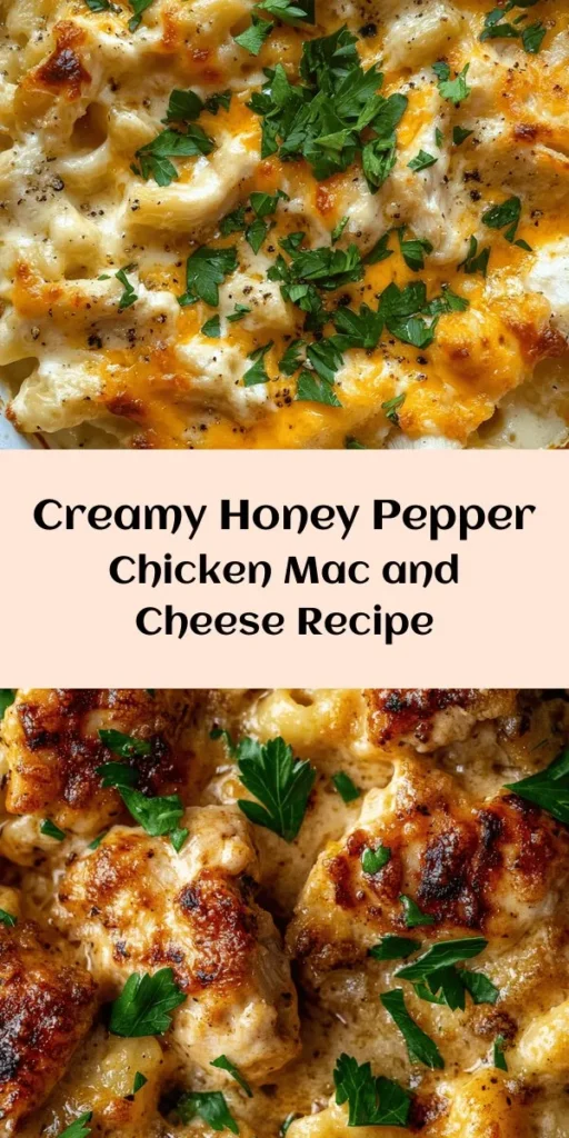 Indulge in the ultimate comfort food with this Creamy Honey Pepper Chicken Mac and Cheese Delight! With tender elbow macaroni, succulent diced chicken, and a rich blend of cheeses, this dish is a perfect blend of sweet and savory. Drizzled with honey and seasoned with spices, it’s a mouthwatering twist on a classic. Whether you bake it for a crispy top or serve it creamy, this recipe is sure to impress family and friends. Perfect for any occasion!