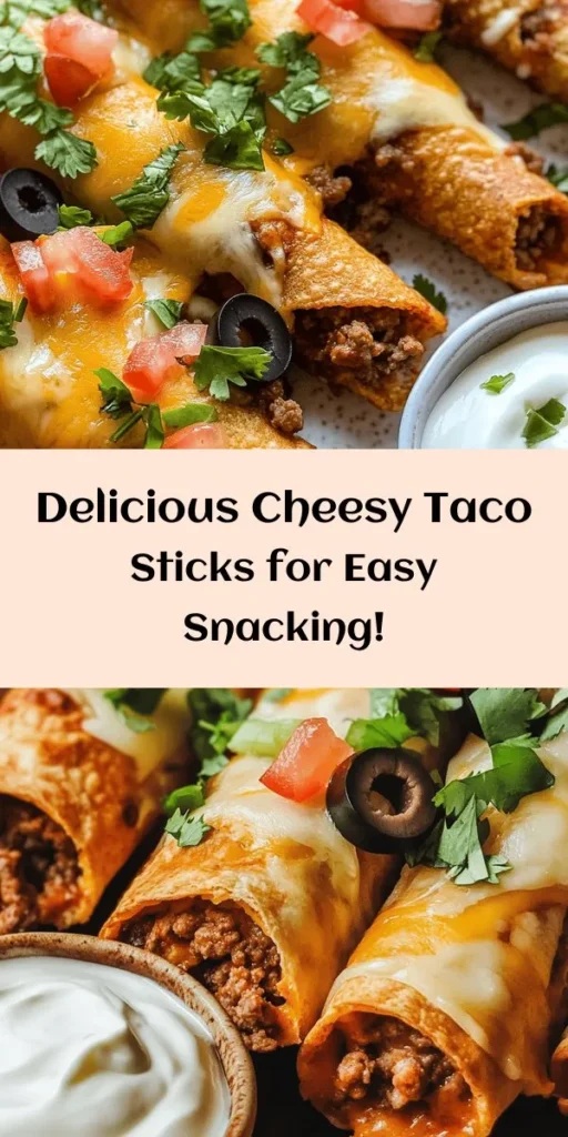 Delight in these Cheesy Taco Sticks, the perfect fusion of pizza dough and taco flavors! With a hearty filling of seasoned ground beef or turkey, plus melty cheddar and mozzarella, these sticks make a delicious snack or appetizer. Simply roll, fill, and bake for a golden-brown treat that pairs wonderfully with sour cream. Ideal for parties or movie nights, these tasty bites are sure to please everyone. Give them a try!
