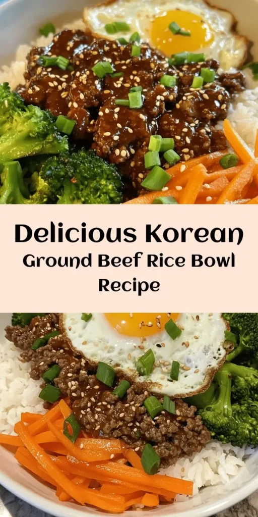 Discover the deliciousness of this Savory Korean Ground Beef Bowl! Made with flavorful ground beef cooked in a sweet and spicy sauce, this dish is quick to prepare in just 25 minutes. Pair tender white or brown rice with fresh steamed broccoli and bright carrots for a colorful meal. Top it off with sesame seeds and an optional fried egg for added richness. Perfect for a wholesome dinner the whole family will love!
