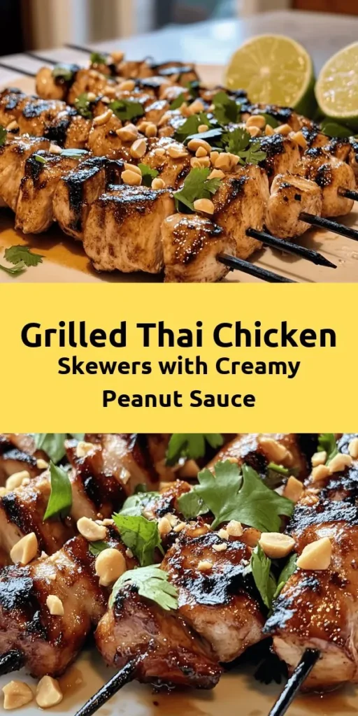 Get ready for a delicious dinner with these Easy Grilled Thai Chicken Skewers! Marinated chicken thighs are grilled to perfection and served with a creamy peanut sauce that adds a flavorful twist. This recipe combines soy sauce, fish sauce, garlic, and spices for mouthwatering skewers, perfect for summer barbecues or easy weeknight meals. Serve it up with lime wedges, and enjoy a taste of Thailand right at home!