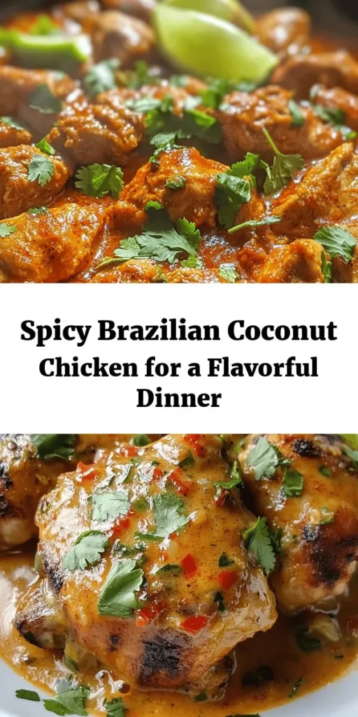 Indulge in the vibrant flavors of Brazil with this Spicy Brazilian Coconut Chicken! This easy recipe features marinated chicken thighs simmered in a luscious coconut sauce, enhanced by zesty lime and aromatic spices. Perfect for dinner, this dish pairs beautifully with rice or a fresh salad. Ready in about an hour, it's ideal for impressing guests or enjoying a cozy meal at home. Garnish with cilantro for a burst of freshness!