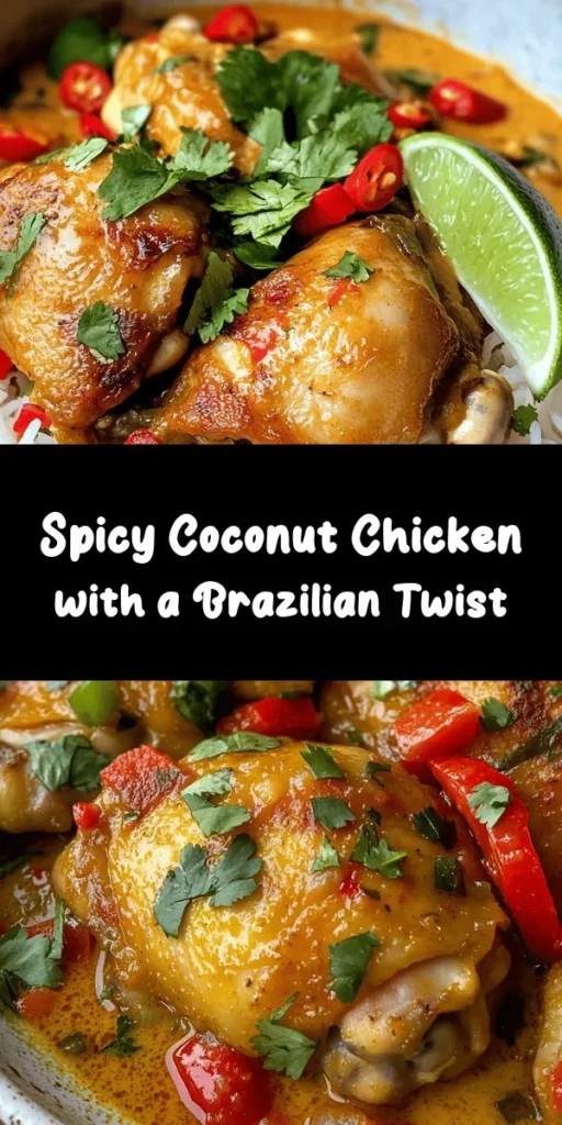 Discover the vibrant flavors of Brazil with this Spicy Brazilian Coconut Chicken recipe! Perfect for a cozy dinner, this dish features tender chicken thighs marinated in coconut milk and lime, then simmered with a mix of colorful vegetables and aromatic spices. Serve it over fluffy jasmine rice for a satisfying meal, garnished with fresh cilantro. Easy to prepare and packed with a delightful kick, this recipe will surely impress your family and friends!