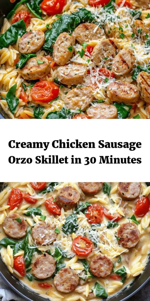 Savor the creamy goodness of this Chicken Sausage Orzo Skillet! This quick and easy dish combines sautéed onions, garlic, and sliced chicken sausage with tender orzo pasta cooked in rich chicken broth. Finished with heavy cream, fresh spinach, and vibrant cherry tomatoes, this meal is both comforting and delicious. Topped with Parmesan cheese and fresh parsley, it’s a perfect weeknight dinner that serves 4-6 in just 30 minutes!
