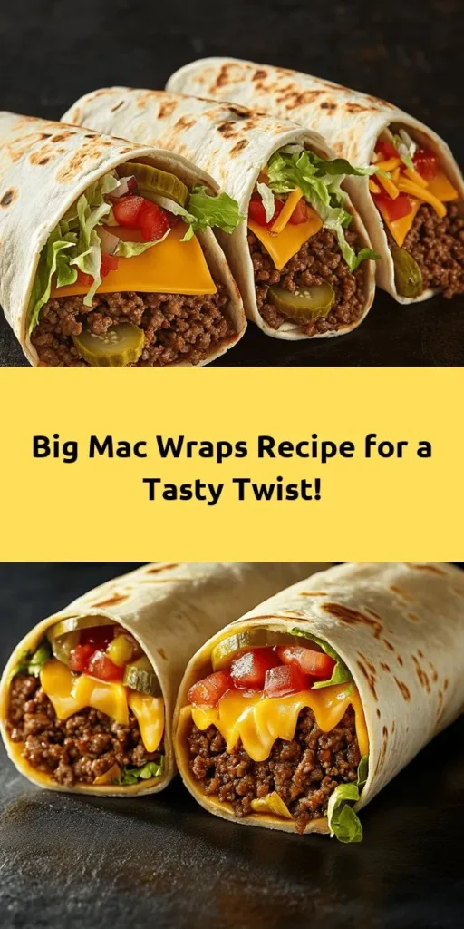 Discover a fun twist on a fast food classic with these Big Mac Wraps! This easy recipe combines seasoned ground beef, fresh veggies, and a homemade special sauce, all wrapped up in a flour tortilla. Perfect for a quick dinner or a tasty lunch, these wraps are sure to satisfy your cravings. Plus, to add a little crunch, toast them up in a skillet! Get ready to delight your taste buds with this delicious and simple meal!