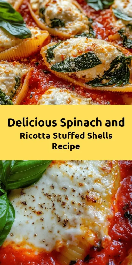 Get ready to enjoy a delicious and comforting dish with these Easy Spinach and Ricotta Stuffed Shells! Made with jumbo pasta shells stuffed with a creamy ricotta and fresh spinach filling, topped with marinara sauce and gooey mozzarella, this recipe is perfect for a family dinner or a cozy gathering. Simple to prepare and packed with flavor, you'll love the combination of cheesy goodness and vibrant greens. Garnish with fresh basil for a delightful touch!
