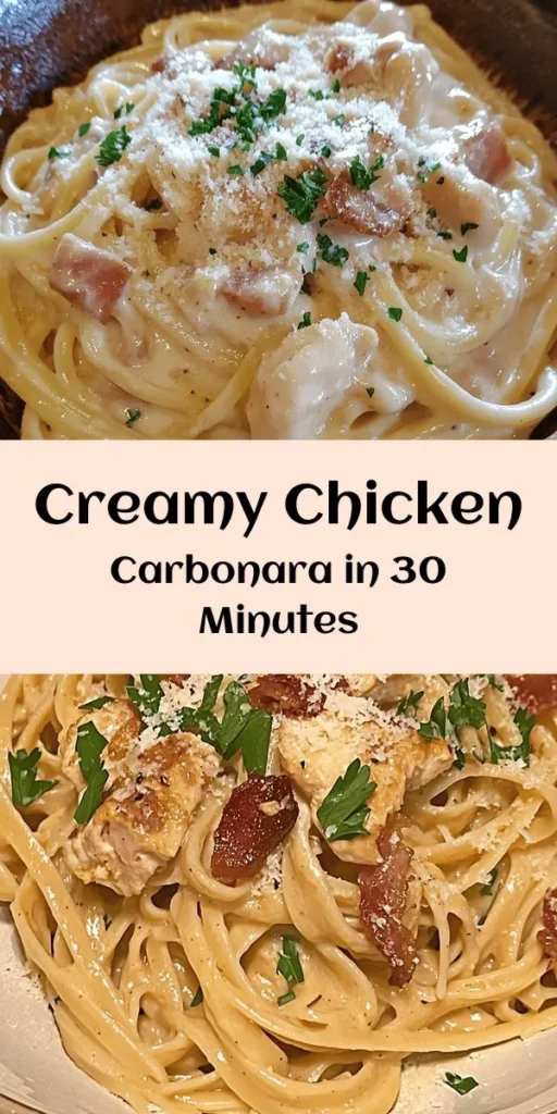 Indulge in the creamy goodness of this Best-Ever Chicken Carbonara recipe! With tender chicken, crispy pancetta, and a rich egg and cheese sauce, this classic dish is a crowd-pleaser. Perfectly paired with fettuccine or spaghetti, it’s quick to make—ready in just 30 minutes! Garnish with parsley and extra Parmesan for an elegant touch. Ideal for weeknight dinners or special occasions, this recipe is sure to impress everyone at the table!