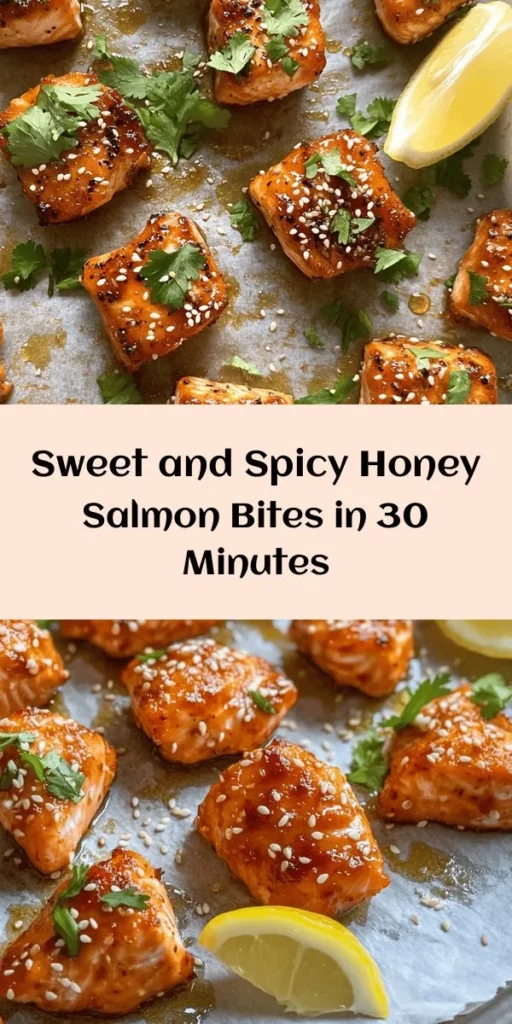 Looking for a quick and delicious seafood dish? Try these Sweet and Spicy Hot Honey Salmon Bites! This easy recipe combines tender salmon cubes with a flavorful marinade of hot honey, garlic, and smoked paprika. Bake them in just 12-15 minutes for a mouthwatering treat. Garnish with sesame seeds and fresh herbs, and serve with a squeeze of lemon for the perfect finish. Ideal for appetizers or a light meal, everyone will love these bites!