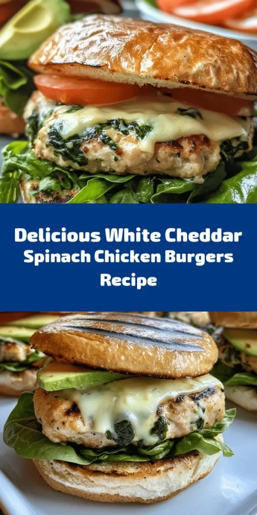 Savor the deliciousness of these White Cheddar and Spinach Chicken Burgers! Perfectly tender chicken patties are packed with fresh spinach and gooey white cheddar cheese, delivering flavor in every bite. Simple to make in just 30 minutes, these burgers are not only a tasty meal but also a healthy option with whole wheat buns. Top with your favorite condiments, tomatoes, and avocado for a complete delight. Enjoy a twist on your classic burger night!
