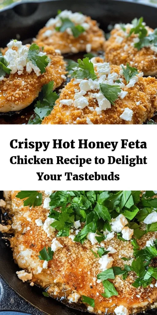 Add a spicy twist to your dinner with Crispy Hot Honey Feta Chicken! This delicious recipe features juicy chicken breasts coated in a flavorful panko crust, topped with tangy feta cheese and a drizzle of hot honey for a sweet kick. Perfect for any night of the week, it's easy to prepare and will impress your family and friends. Serve it up with fresh parsley for a pop of color. Try this mouthwatering dish that's crispy, cheesy, and oh-so-satisfying!