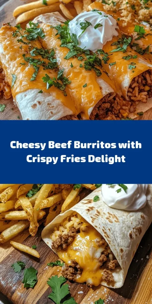 Satisfy your cravings with these Cheesy Beef Burritos paired with crispy fries! Perfect for a family dinner, these burritos are loaded with seasoned ground beef, melted cheddar cheese, and fluffy rice, all wrapped in warm tortillas. Bake up some golden fries seasoned to perfection for the ideal crunch. Don't forget to dip in salsa or guacamole! Quick and delicious, this recipe is sure to impress. Give it a try and enjoy!