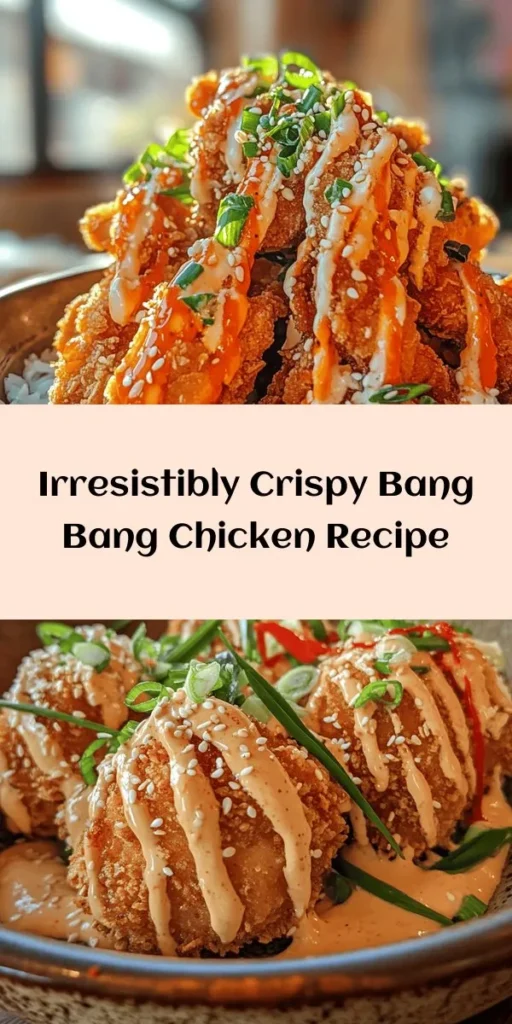 Get ready for a flavor explosion with this Crispy Bang Bang Chicken! Tender chicken breasts marinated in buttermilk and spices, then double-coated for that perfect crunch, are fried to golden perfection. Drizzle with a creamy, spicy Bang Bang sauce made from mayo, sweet chili, and sriracha for an irresistible kick. Ideal for a party appetizer or a delicious dinner! Easy to make and sure to impress your family and friends. Enjoy with chopped green onions or sesame seeds!