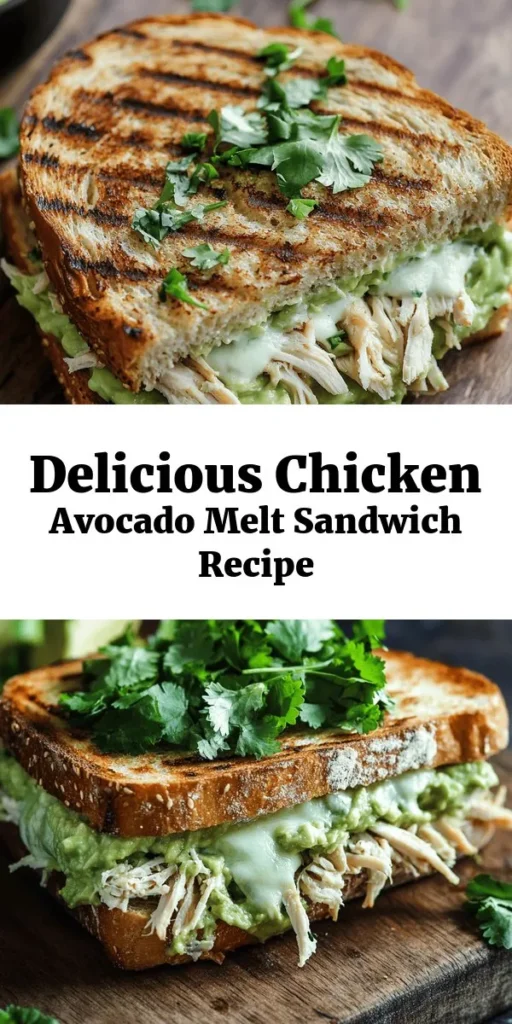 Indulge in this mouthwatering Chicken Avocado Melt Sandwich, perfect for a quick lunch or dinner! With creamy avocado, hearty chicken, and melted mozzarella all grilled between slices of whole grain bread, it's a flavorful delight. The creamy spread adds a delicious twist, while the garlic and paprika give it a subtle kick. Ready in just 20 minutes, this easy recipe is not only satisfying but also nutritious. Try it today and enjoy a tasty, homemade meal!