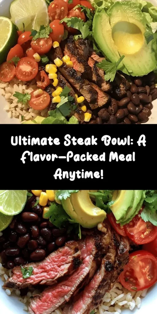 Elevate your meal game with this Ultimate Steak Bowl that's perfect for any occasion! Featuring marinated flank steak cooked to perfection, it's served over a bed of wholesome brown rice or quinoa. Load it up with fresh cherry tomatoes, creamy avocado, sweet corn, black beans, crisp lettuce, and zesty red onion. Drizzle with your favorite dressing and a squeeze of lime for a burst of flavor. Easy to make and sure to impress, this bowl is a delicious way to enjoy a balanced meal!