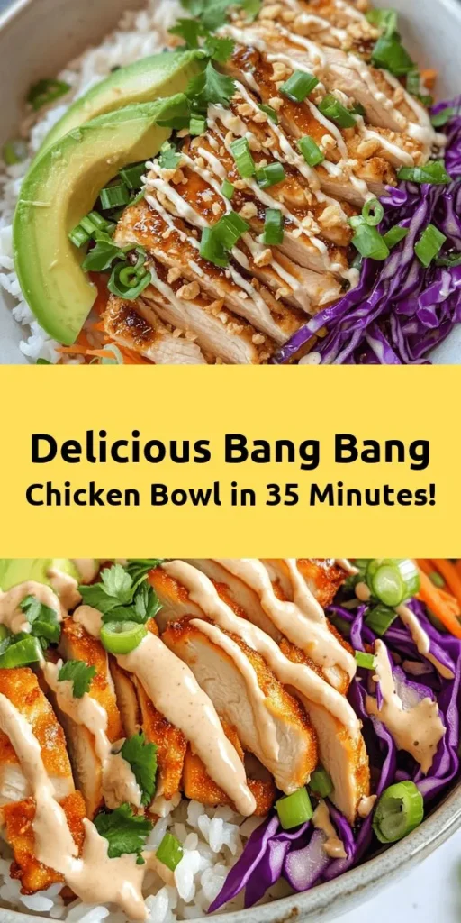 Get ready for a flavor explosion with this Bang Bang Chicken Bowl! Perfectly seasoned chicken is served over a bed of fluffy jasmine rice, topped with crunchy purple cabbage, shredded carrots, and creamy avocado. Drizzle the homemade Bang Bang sauce for that sweet and spicy kick, and finish with crispy wontons for crunch. This colorful, nutritious meal is easy to prepare in just 35 minutes. Perfect for lunch or dinner, this bowl is as delicious as it is beautiful!