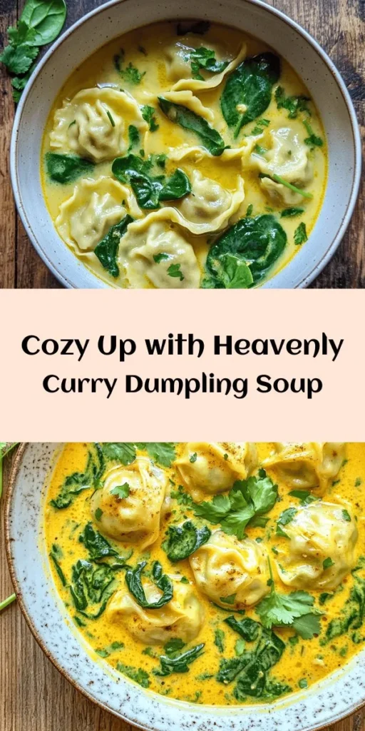 Warm up with this Heavenly Curry Dumpling Soup, a comforting dish perfect for any occasion! This recipe combines tender, homemade dumplings stuffed with shredded chicken, mushrooms, and a fragrant blend of spices, all simmered in a rich, creamy coconut broth. Loaded with nutritious greens, each bowl is garnished with fresh cilantro for an added burst of flavor. Easy to make and oh-so-delicious, this soup is a must-try for curry lovers!