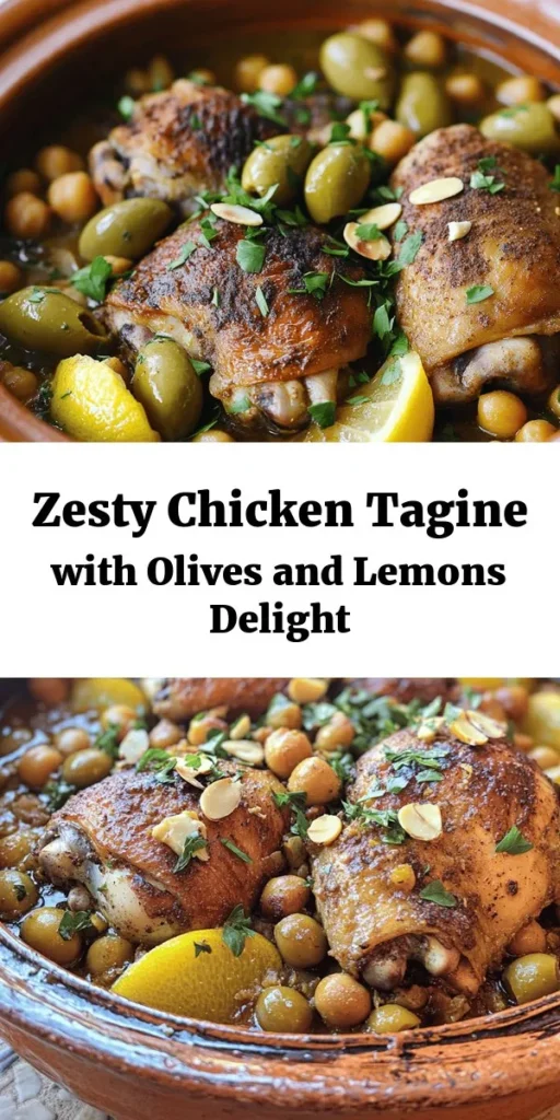 Elevate your dinner game with this Zesty Chicken Tagine featuring the perfect combination of olives and lemons. This flavorful dish combines succulent chicken thighs, aromatic spices, and hearty chickpeas, simmered to perfection. With a prep time of just 15 minutes, you’ll have this savory meal ready in no time! Serve it hot over couscous or with crusty bread, and don’t forget the fresh parsley and almonds for that extra crunch. Enjoy a taste of North Africa at home!