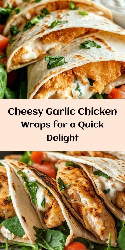 Indulge in these cheesy garlic chicken wraps that are perfect for a quick, flavorful meal! Made with tender shredded chicken, creamy mozzarella, and a hint of garlic, these wraps are packed with deliciousness. Add fresh spinach and diced tomatoes for extra goodness. They're easy to prepare and cook up golden and crispy in no time. Serve them warm with your favorite dipping sauce for the ultimate comfort food experience! Ideal for lunch or dinner!