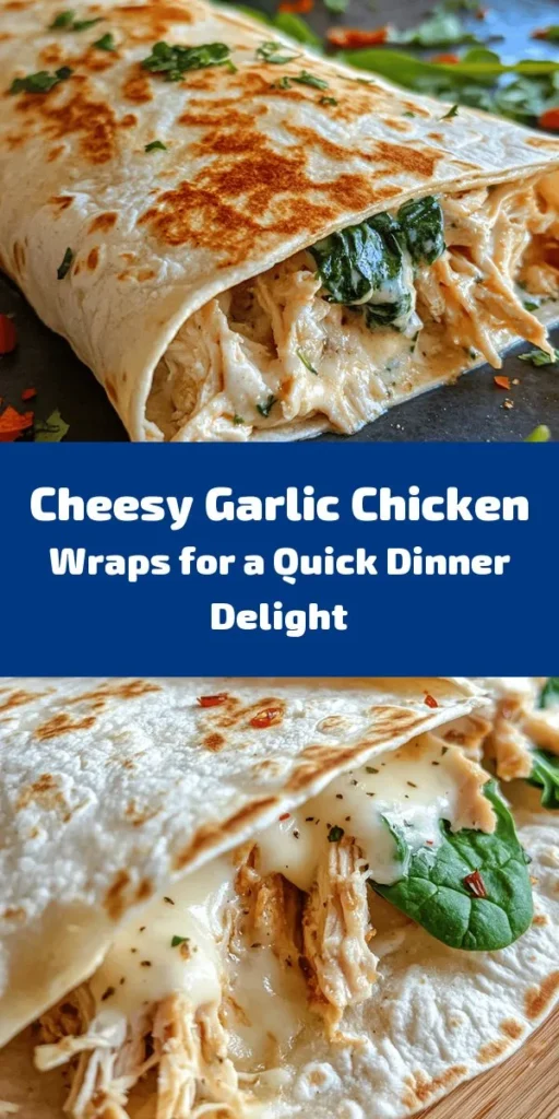 Looking for a delicious and easy dinner option? Try these Cheesy Garlic Chicken Wraps! Packed with shredded chicken, creamy mozzarella, and a hint of garlic, these wraps are perfect for a satisfying meal. With fresh spinach and simple spices, they're both flavorful and healthy. Plus, they come together in just 30 minutes! Serve warm with your favorite dipping sauce for a delightful treat. Your family will love these cheesy goodness wraps!