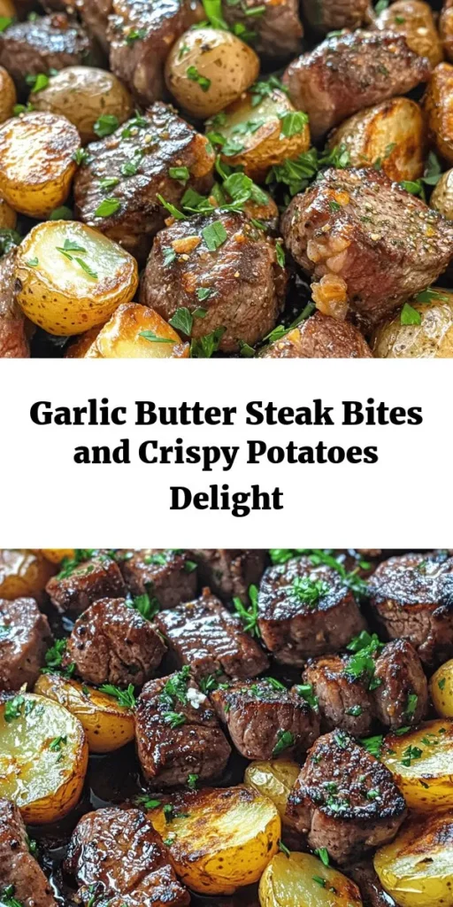 Indulge in these Sizzling Garlic Butter Steak Bites & Potatoes for a quick and delicious meal. Tender sirloin steak cubes are seared to perfection, then tossed in a fragrant garlic butter sauce with fresh herbs, all served alongside crispy baby potatoes. In just 35 minutes, you can create a feast that's perfect for any night of the week. Don’t forget to garnish with parsley for that extra pop of flavor and color! Perfect for impressing family or friends.