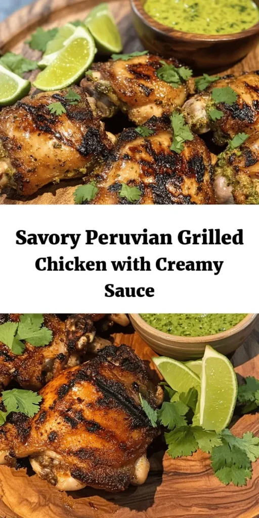 Experience the vibrant flavors of Peru with this delicious grilled chicken recipe! Marinated in a savory blend of garlic, soy sauce, and spices, these juicy chicken thighs are grilled to perfection. Pair them with a creamy green sauce made from fresh cilantro and jalapeño for an irresistible kick. Perfect for a family dinner or a backyard barbecue, this dish is sure to impress. Serve with lime wedges for an extra burst of flavor. Enjoy!