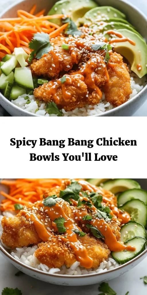 Satisfy your cravings with these delicious Bang Bang Chicken Bowls! This easy recipe features crispy chicken thighs coated in cornstarch, served over a bed of jasmine rice or cauliflower rice, and topped with vibrant veggies like shredded carrots, cucumber, and avocado. Drizzle it all with a creamy homemade Bang Bang sauce for that sweet and spicy kick. Perfect for meal prep or a weeknight dinner, these bowls are sure to impress! Enjoy the explosion of flavors!