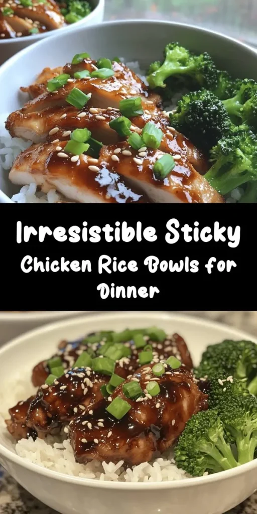 Indulge in these delicious Sticky Chicken Rice Bowls that are perfect for any night of the week! This easy recipe features tender marinated chicken thighs served over fluffy jasmine rice, drizzled with a rich, sticky sauce. Packed with flavors from soy sauce, honey, and fresh ginger, this dish is a crowd-pleaser. Complete your meal with steamed broccoli and a sprinkle of sesame seeds for added crunch. Enjoy a tasty and satisfying dinner in just one hour!