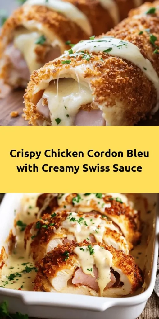 Indulge in the flavors of this mouthwatering Chicken Cordon Bleu, filled with delicious ham and Swiss cheese, and topped with a rich creamy cheese sauce. This recipe is perfect for a cozy dinner that impresses! With easy-to-follow steps, you'll first pound and roll the chicken with savory fillings, coat it in a crispy breadcrumb mix, fry it to golden perfection, and bake until juicy. Drizzle with the creamy sauce and enjoy a fantastic meal that everyone will love.