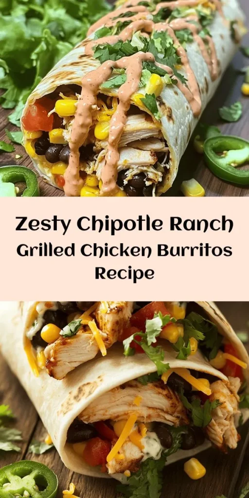 Discover the ultimate Flavorful Chipotle Ranch Grilled Chicken Burrito! Juicy grilled chicken marinated in a zesty blend of spices is paired with a hearty filling of rice, black beans, corn, and fresh vegetables. Wrapped in warm tortillas and drizzled with creamy chipotle ranch, these burritos are a delicious meal you can't resist. Perfect for lunch or dinner, and easy to customize with your favorite toppings. Give it a try and elevate your weeknight dinners!