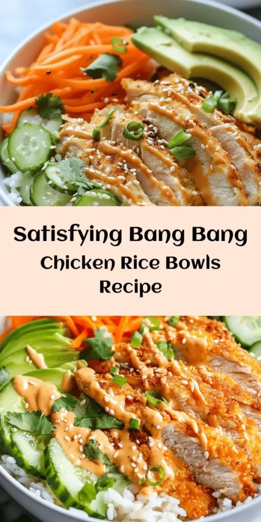 Dive into these delicious Bang Bang Chicken Bowls that are bursting with flavor! Perfect for a quick weeknight dinner, this recipe features tender breaded chicken served on a base of fluffy jasmine rice, topped with fresh veggies like shredded carrots, cucumber, and creamy avocado. Drizzle with a zesty Bang Bang sauce made from sriracha, mayo, honey, and lime juice for the ultimate kick. Easily customizable, this dish is sure to impress!