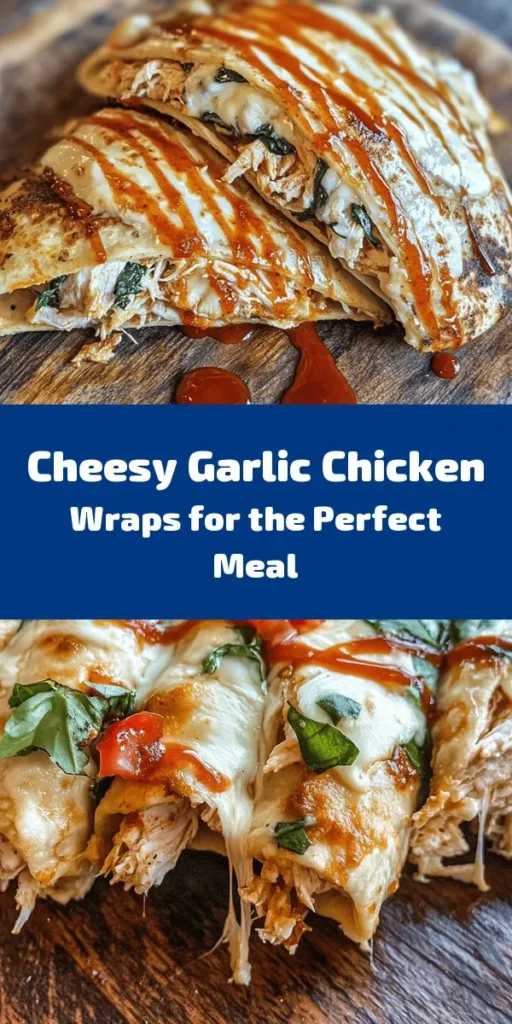 Indulge in these Cheesy Garlic Chicken Wraps that are perfect for a quick and delicious meal! Packed with shredded chicken, a blend of creamy cheeses, fresh garlic, and vibrant spinach, these wraps are not only tasty but easy to make. Roll up your fillings in flour tortillas, cook until golden brown, and serve warm. Perfect for lunch or dinner, and a great option for meal prep or a cozy family dinner. Try them with a drizzle of hot sauce for an extra kick!