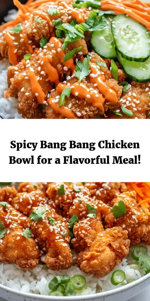 Elevate your dinner game with this delicious Bang Bang Chicken Bowl! Filled with crispy, golden fried chicken coated in a creamy and spicy sauce, it's a perfect blend of flavors and textures. Serve over fluffy jasmine rice and top with fresh veggies like shredded carrots and cucumbers. Garnish with cilantro and sesame seeds for that extra pop! Quick to prepare in just 30 minutes, this dish is ideal for weeknight meals or impressing guests. Try it today!