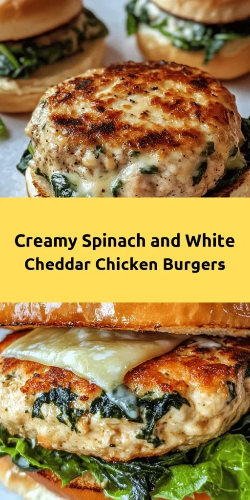 Indulge in these deliciously creamy white cheddar and spinach chicken burgers! Perfect for a weeknight dinner, these flavorful patties are made with ground chicken, fresh spinach, and gooey white cheddar cheese. Grilled to perfection, they're served on toasted buns with fresh lettuce and tomato. Ready in just 30 minutes, this recipe is not only easy to make but also a crowd-pleaser. Give your burger night a tasty twist!