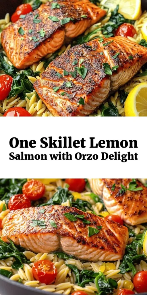 Savor a delightful meal with this One Skillet Salmon with Lemon Orzo recipe! In just 30 minutes, you can enjoy perfectly seared salmon layered over zesty orzo cooked in chicken or vegetable broth, infused with lemon, garlic, and fresh veggies. This dish is not only easy to make but also packed with flavor and healthy ingredients. Perfect for a weeknight dinner or special occasion. Serve with lemon wedges and fresh parsley for an added touch!
