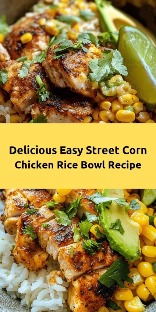 Looking for a quick and delicious meal? Try this Easy Street Corn Chicken Rice Bowl! Made with tender chicken thighs, sweet corn, and fluffy jasmine rice, it’s bursting with flavor thanks to lime zest and spices. Perfect for a weeknight dinner, this bowl can be topped with fresh cilantro, creamy avocado, or sour cream for that extra touch. Ready in just 20 minutes, it's a satisfying dish that the whole family will love. Enjoy!