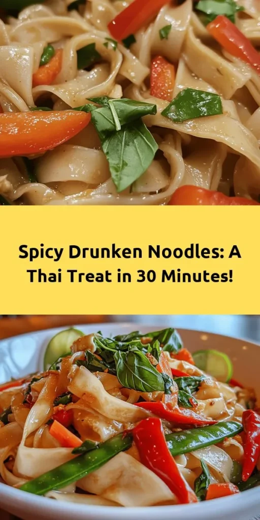 Savor the bold flavors of Drunken Noodles Delight, a quick and easy dish perfect for weeknight dinners! Featuring wide rice noodles tossed with fresh veggies like bell peppers, carrots, and snow peas, this one-pan meal comes together in just 30 minutes. Customize it with your choice of protein, whether chicken, shrimp, or tofu, and finish with fragrant Thai basil and a spicy kick from bird's eye chilies. This tasty noodle dish is sure to impress!