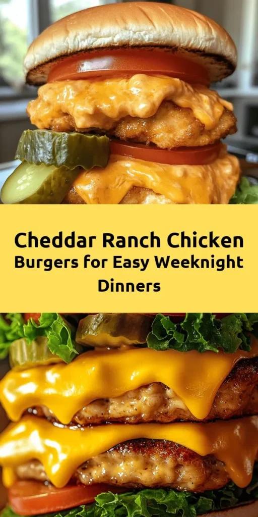 Get ready for a delicious twist on traditional burgers with these Easy Cheddar Ranch Chicken Burgers! Made with ground chicken, sharp cheddar cheese, and ranch dressing, these flavorful patties are easy to prepare and perfect for any barbecue or weeknight dinner. Cook them to a golden brown and serve on toasted buns with fresh lettuce, tomato slices, and optional pickles. In just 30 minutes, you'll have a meal that everyone will love!