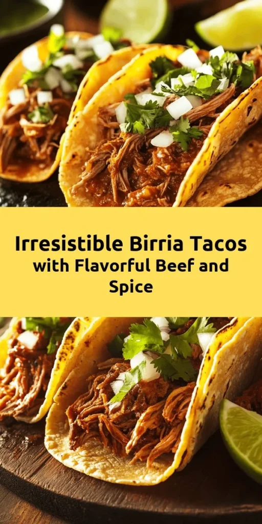 Get ready to savor the ultimate comfort food with these flavorful Birria Tacos! This recipe features tender, shredded beef cooked in a rich, aromatic sauce made from dried chilies and spices. Serve the tacos warm with melted cheese, fresh cilantro, and diced onions. Don't forget the lime wedges for an extra zing and a side of broth for dipping! Perfect for gatherings or a cozy dinner at home, this dish will have everyone coming back for seconds!