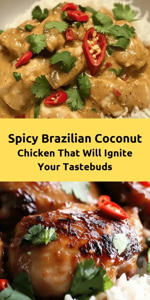 Dive into a burst of flavors with this Spicy Brazilian Coconut Chicken! Made with tender marinated chicken thighs simmered in a creamy coconut milk sauce, seasoned with red curry paste, fresh ginger, and zesty lime, this dish is an explosion of taste. Perfectly paired with jasmine or basmati rice, it’s an easy weeknight dinner option that’s sure to impress. Don't forget to top it off with fresh cilantro for a pop of color! Enjoy this delectable meal that brings the heat and richness of Brazil straight to your table.
