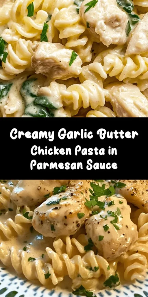Indulge in this deliciously creamy Garlic Butter Chicken & Rotini in Parmesan Sauce. This easy recipe combines tender chicken pieces and rotini pasta in a rich, buttery sauce infused with garlic and fresh spinach. Ready in just 30 minutes, it's perfect for a weeknight dinner. With the comforting flavors of Parmesan and Italian seasoning, this dish is sure to become a family favorite. Don’t forget to garnish with fresh parsley for that extra touch!