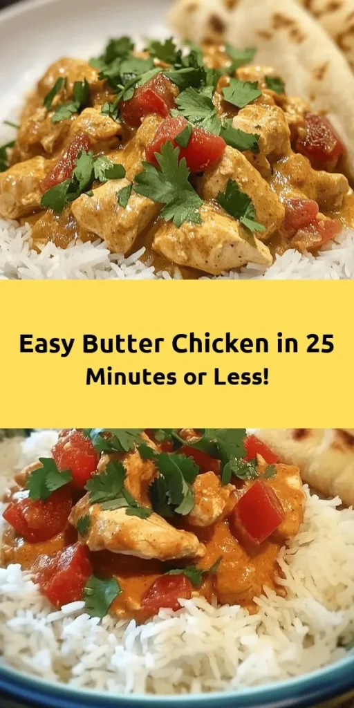 Whip up a delicious and hearty homemade butter chicken in just 25 minutes! This easy recipe features tender chicken simmered in a rich, creamy sauce made with butter, onion, garlic, ginger, and aromatic spices. Perfect for weeknight dinners, serve it over fluffy rice or with warm naan for a satisfying meal. Garnish with fresh cilantro for that extra touch. Quick, simple, and oh-so-tasty, it’s sure to be a family favorite!