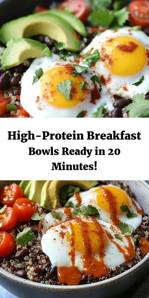 Start your day right with these easy high protein breakfast bowls! Packed with nutritious ingredients like quinoa, eggs, black beans, and avocado, this recipe is delicious and satisfying. In just 20 minutes, you can create a colorful bowl topped with Greek yogurt and fresh cilantro. Customize it with your favorite hot sauce for an extra kick. Perfect for meal prep or a quick weekday breakfast! Enjoy a wholesome start to your morning.