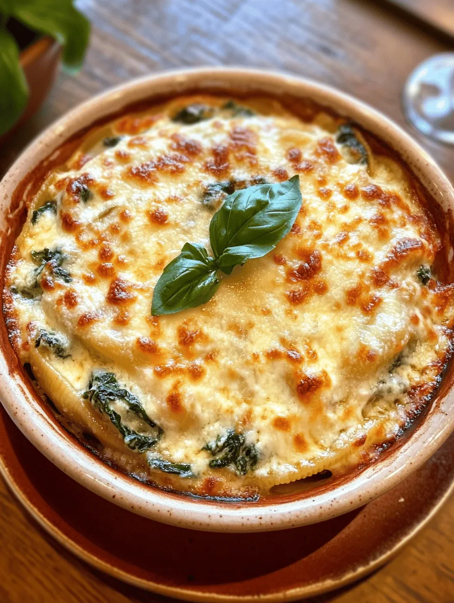 One of the standout features of Spinach & Ricotta Delight Shells is their health benefits. Spinach is renowned for being a superfood, packed with vitamins A, C, and K, as well as minerals like iron and calcium. Incorporating spinach into your meals not only boosts nutrition but also adds a vibrant color that enhances visual appeal. Ricotta cheese, on the other hand, provides a creamy texture and is a great source of protein and calcium. Together, they create a filling that is both satisfying and nourishing, making this dish an ideal choice for those seeking a balanced meal.