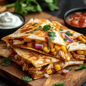 If you're looking for a delightful and satisfying meal that can please a crowd or simply make a busy weeknight dinner more enjoyable, the BBQ Chicken Quesadilla Fiesta is the perfect choice. This recipe combines the rich and smoky flavors of BBQ chicken with the gooey goodness of cheese and the crunch of fresh vegetables, all wrapped in a warm, toasty tortilla. Whether you’re hosting a casual gathering, enjoying a family dinner, or craving a comforting snack, this dish is sure to become a favorite.