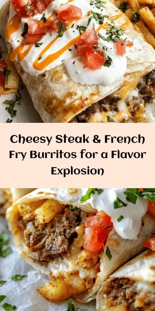 Indulge in these mouthwatering Steak & Cheese Dirty Fry Burritos! Packed with marinated flank steak, crispy french fries, and plenty of melted cheddar cheese, each bite is a flavor explosion. Perfectly grilled to golden perfection, these burritos are loaded with fresh tomatoes, sour cream, and a sprinkle of cilantro. Whether you're hosting a gathering or enjoying a cozy night in, these burritos are sure to impress. Get cooking and enjoy a delicious meal in just 40 minutes!