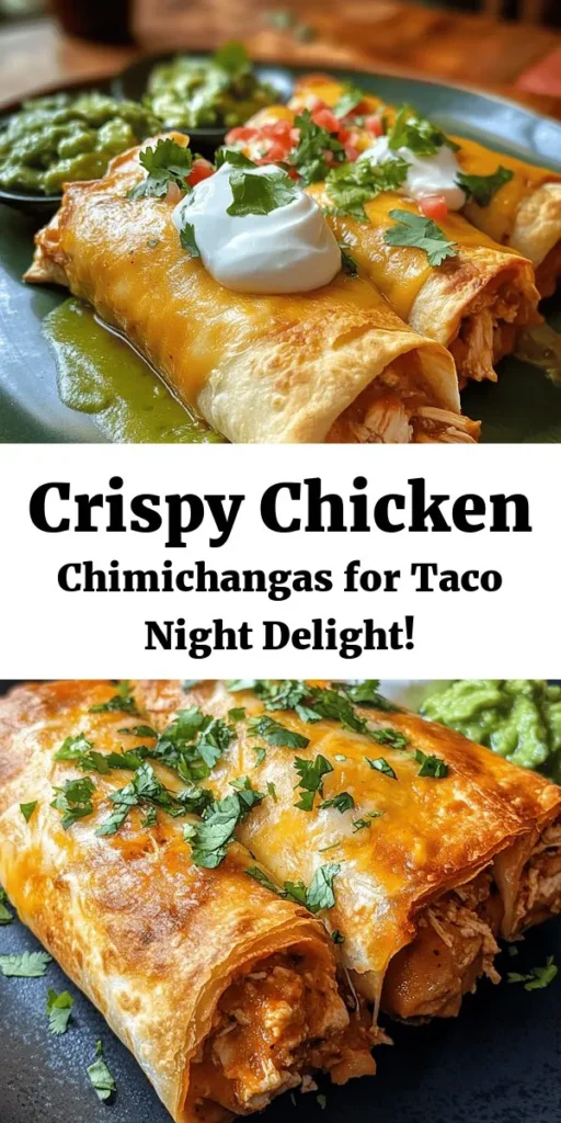 Enjoy a taste of Mexico with these Crispy Chicken Chimichangas! Packed with flavorful shredded chicken, refried beans, and melty cheese, they're perfect for any meal. These golden-brown burritos are deep-fried to crispy perfection, making them irresistible. Serve alongside sour cream and guacamole for a delicious dip, and garnish with fresh cilantro. Ideal for parties or a cozy night in, this recipe is sure to impress your family and friends!